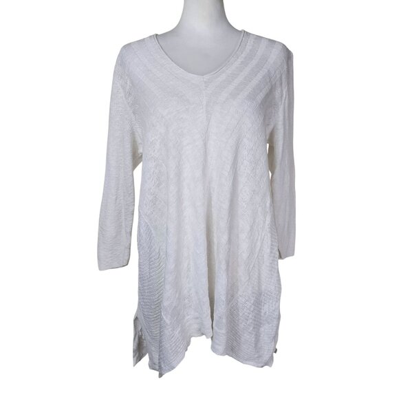 J. Jill White Linen Blend V-Neck Textured Tunic Top Sz L 3/4 Sleeve Lagenlook - Picture 1 of 10